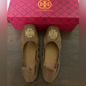 Tory Burch Tan Ballet Flats with Gold Logo